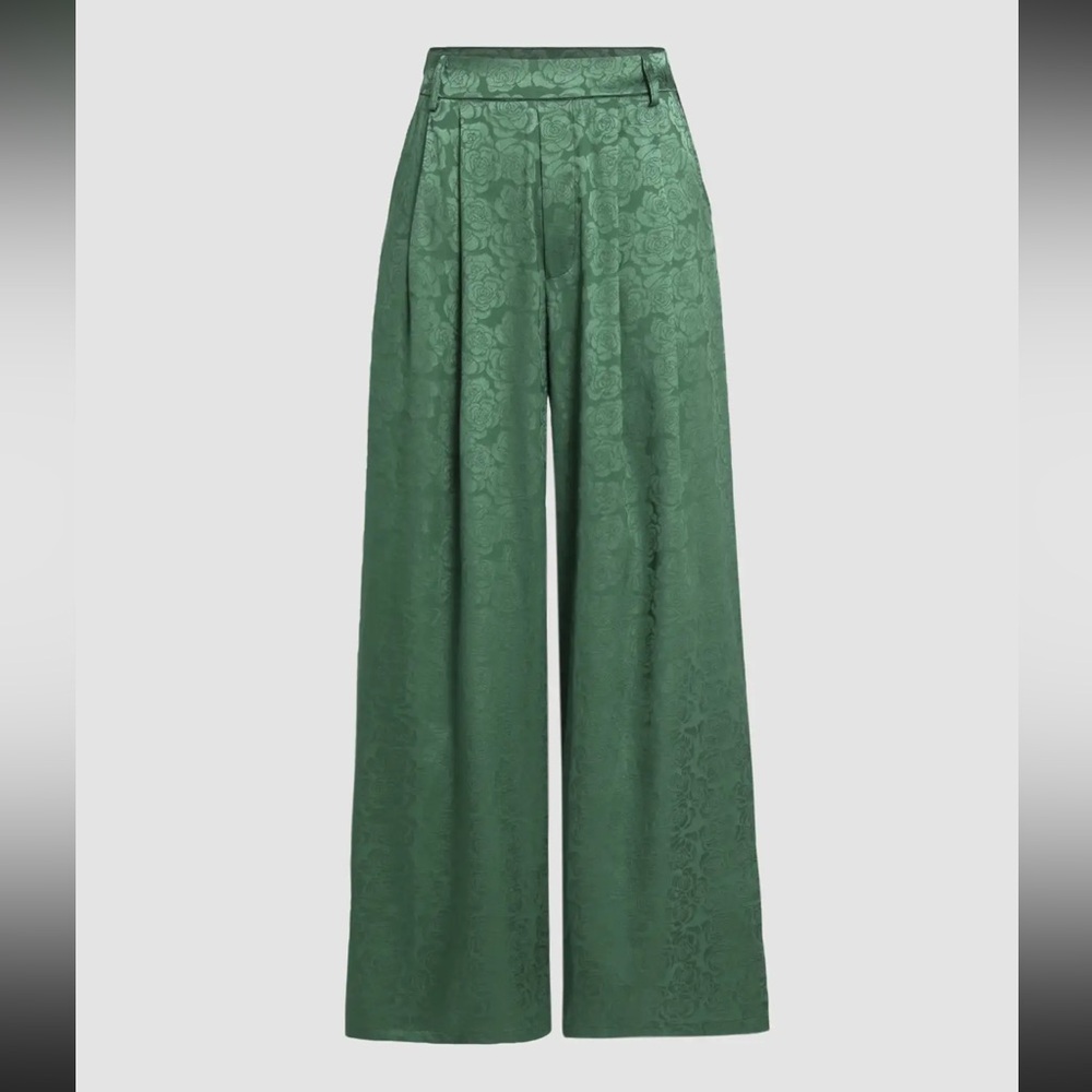 SOLD Cider Emerald Green Wide‑Leg Floral Jacquard Trousers- Size M